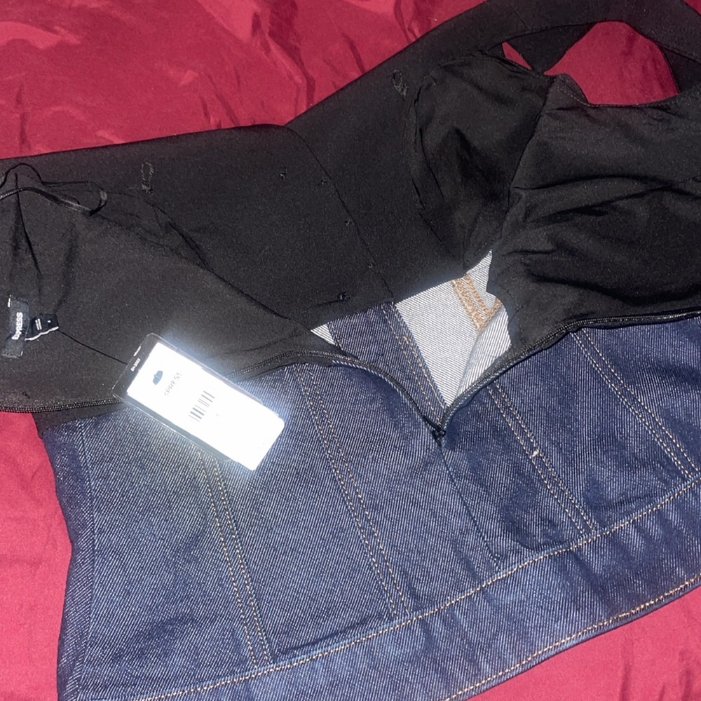 Express Denim Twill Off The Shoulder Faux Button Front Corset Top - Picture 15 of 15